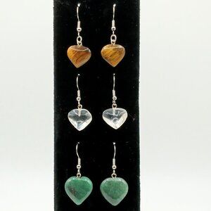 Three Pairs of Rock and Mineral Crystal Heart Dangle Hypoallergenic Earrings